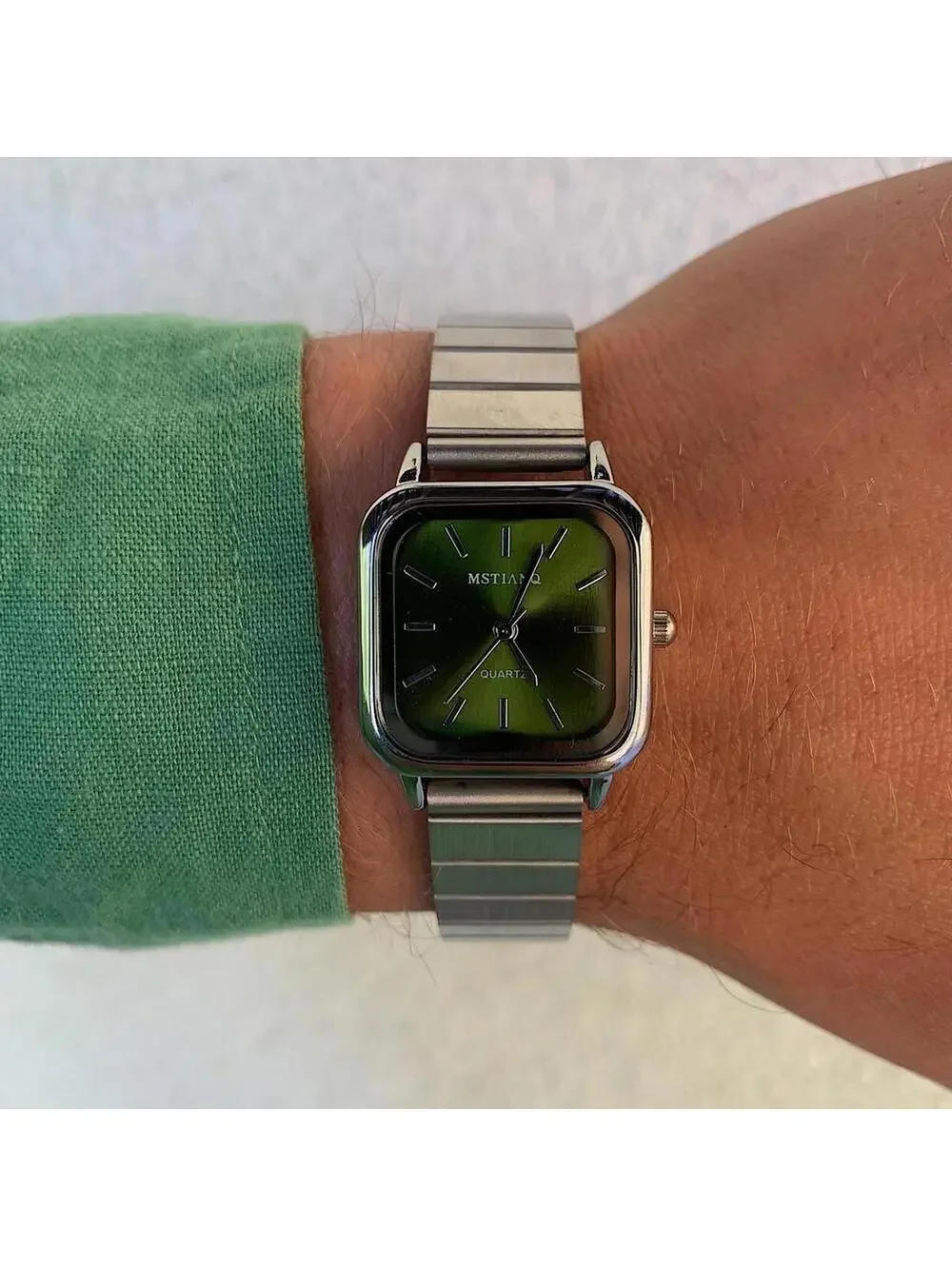 Green Face Stainless silver square watch. Classy sporty style watch. Stainless